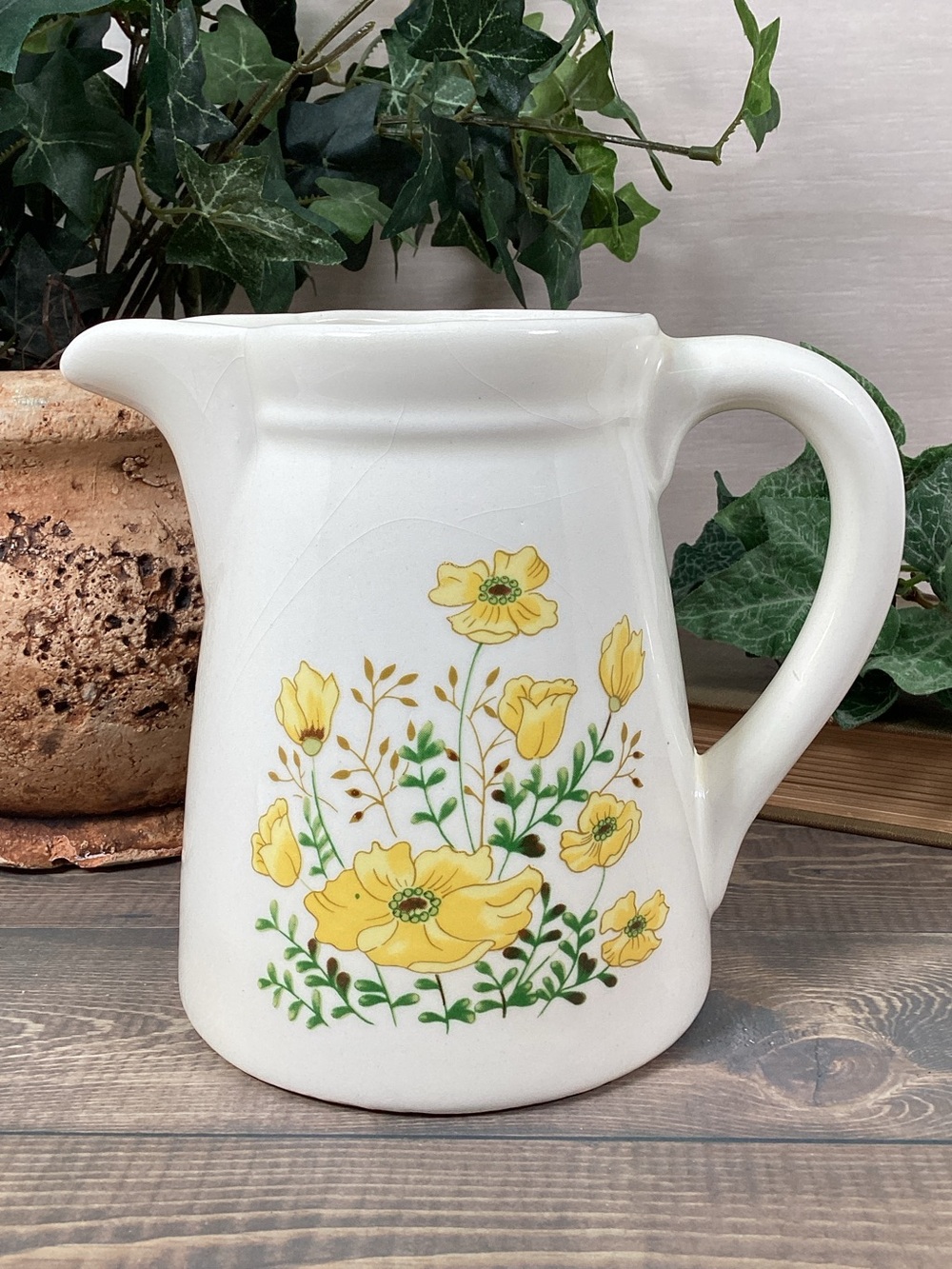 Vintage 5.5” Pottery Pitcher Yellow Wildflowers Floral Farmhouse Rustic Vase